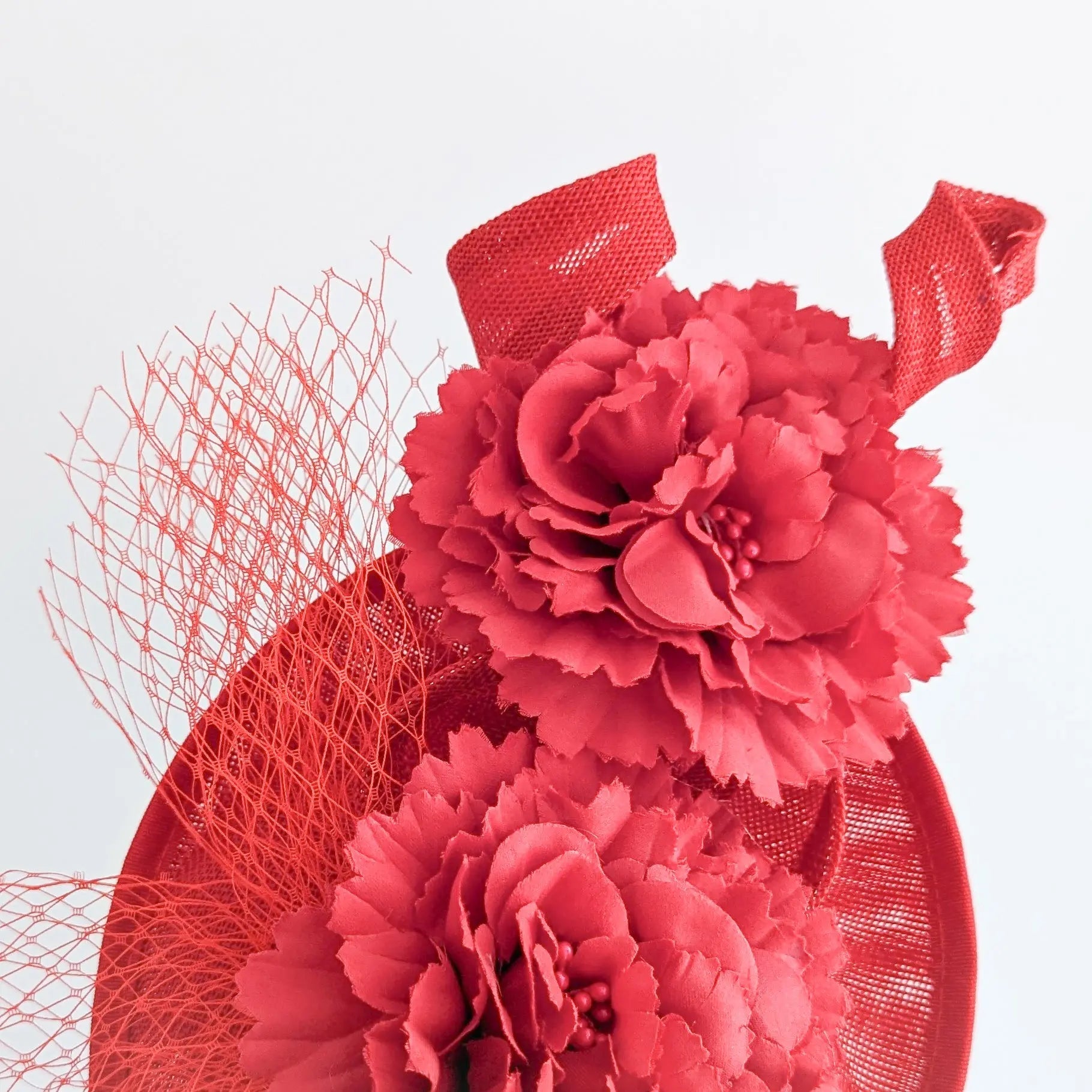 Red flower fascinator disc saucer hat - House of Hats
