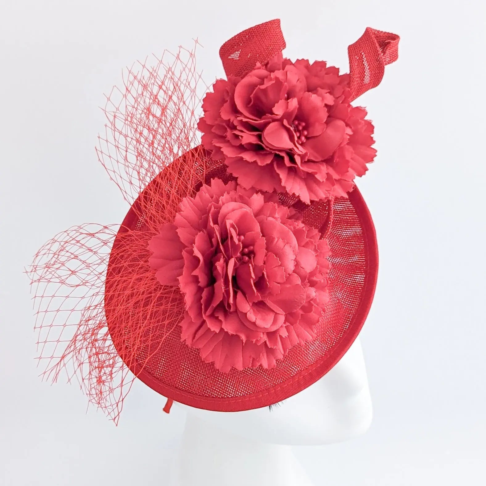 Red flower fascinator disc saucer hat - House of Hats