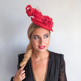 Red flower fascinator disc saucer hat - House of Hats