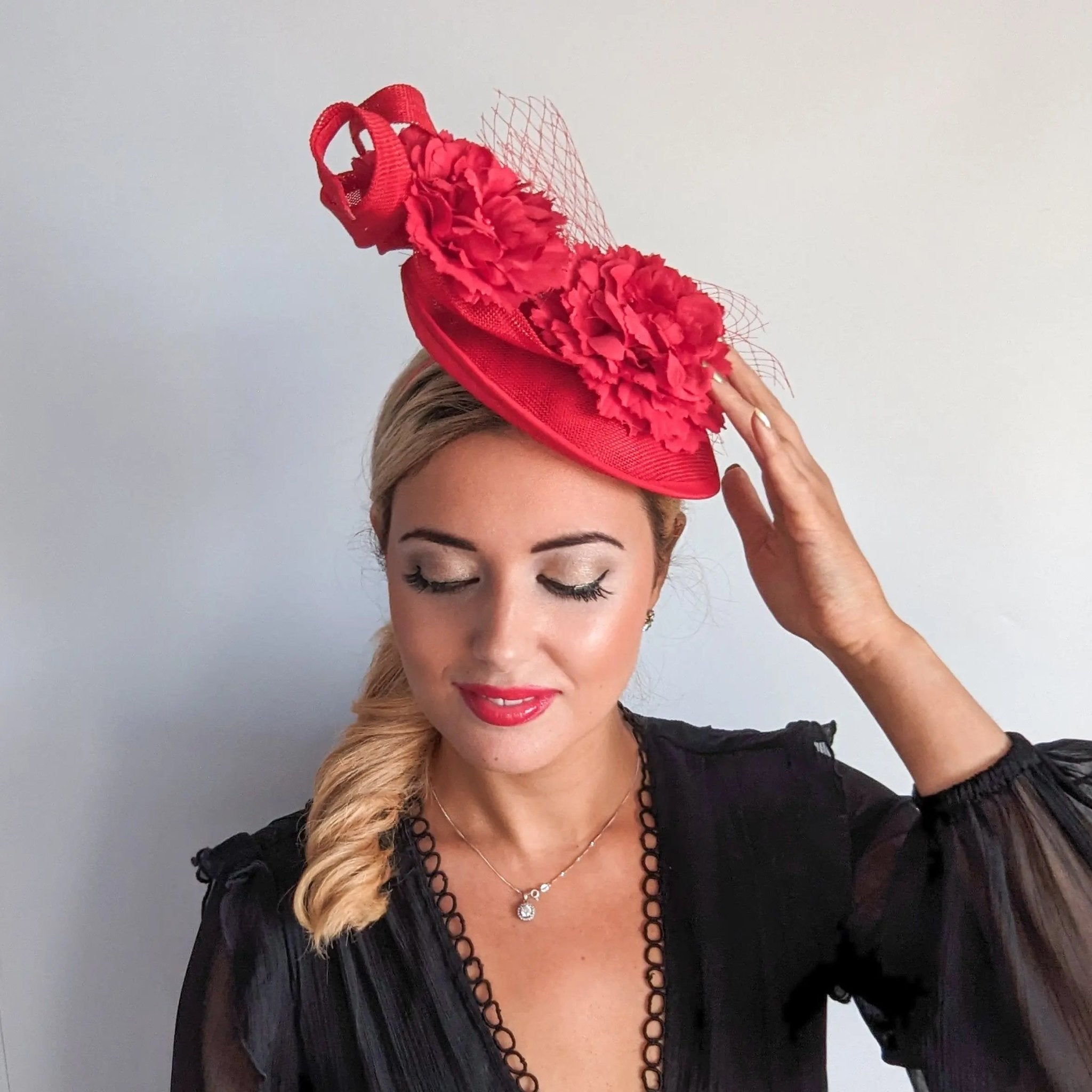 Red flower fascinator disc saucer hat - House of Hats