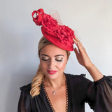 Red flower fascinator disc saucer hat - House of Hats