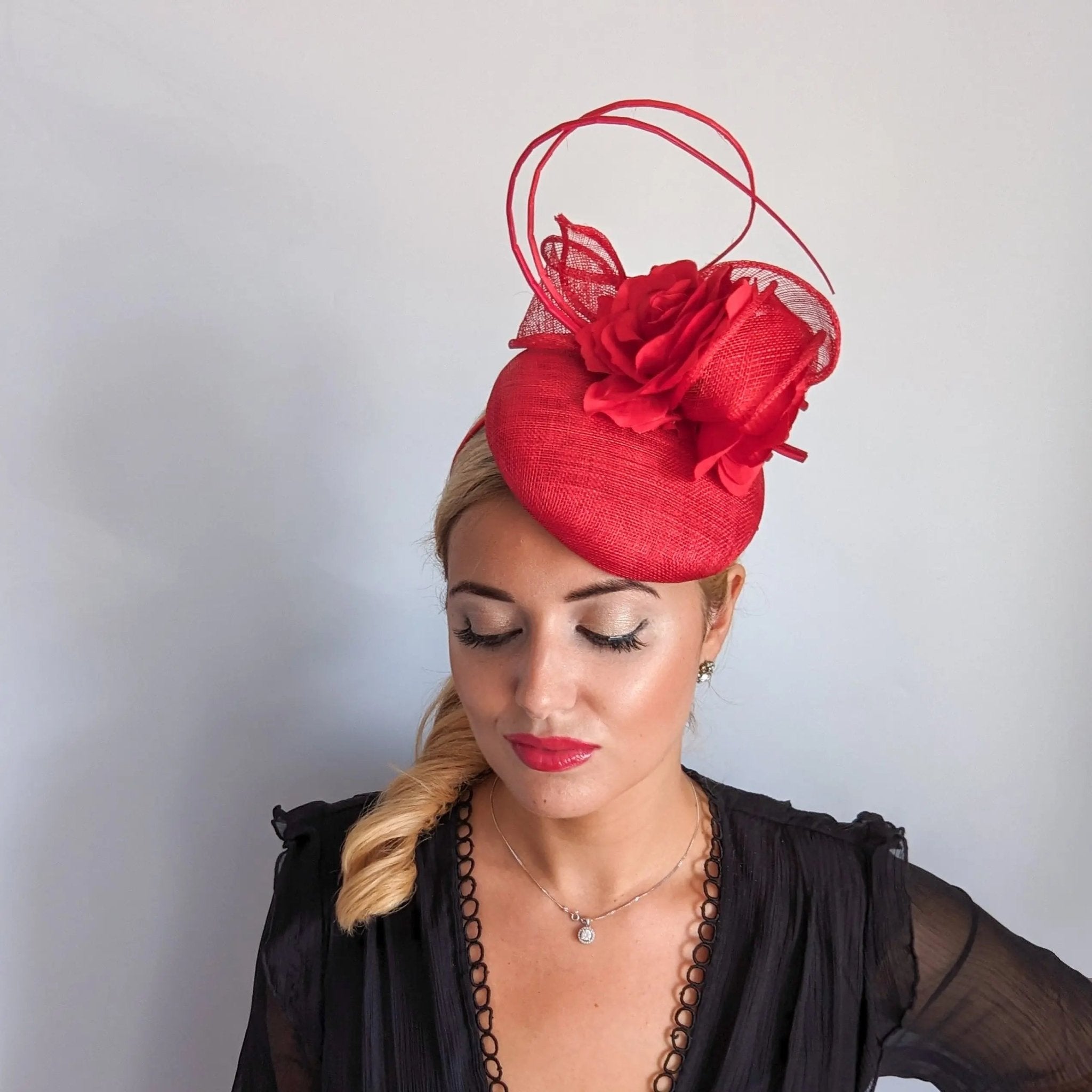 Red flower fascinator hat - House of Hats