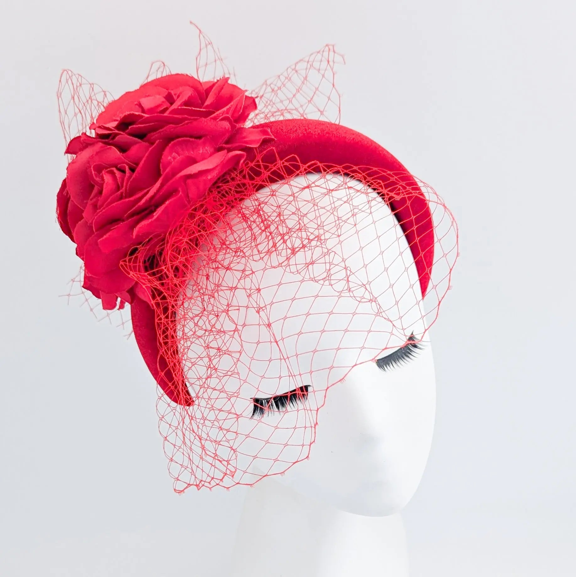 Red flower padded velvet headband fascinator - House of Hats