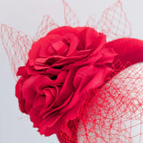 Red flower padded velvet headband fascinator - House of Hats