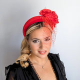 Red flower padded velvet headband fascinator - House of Hats