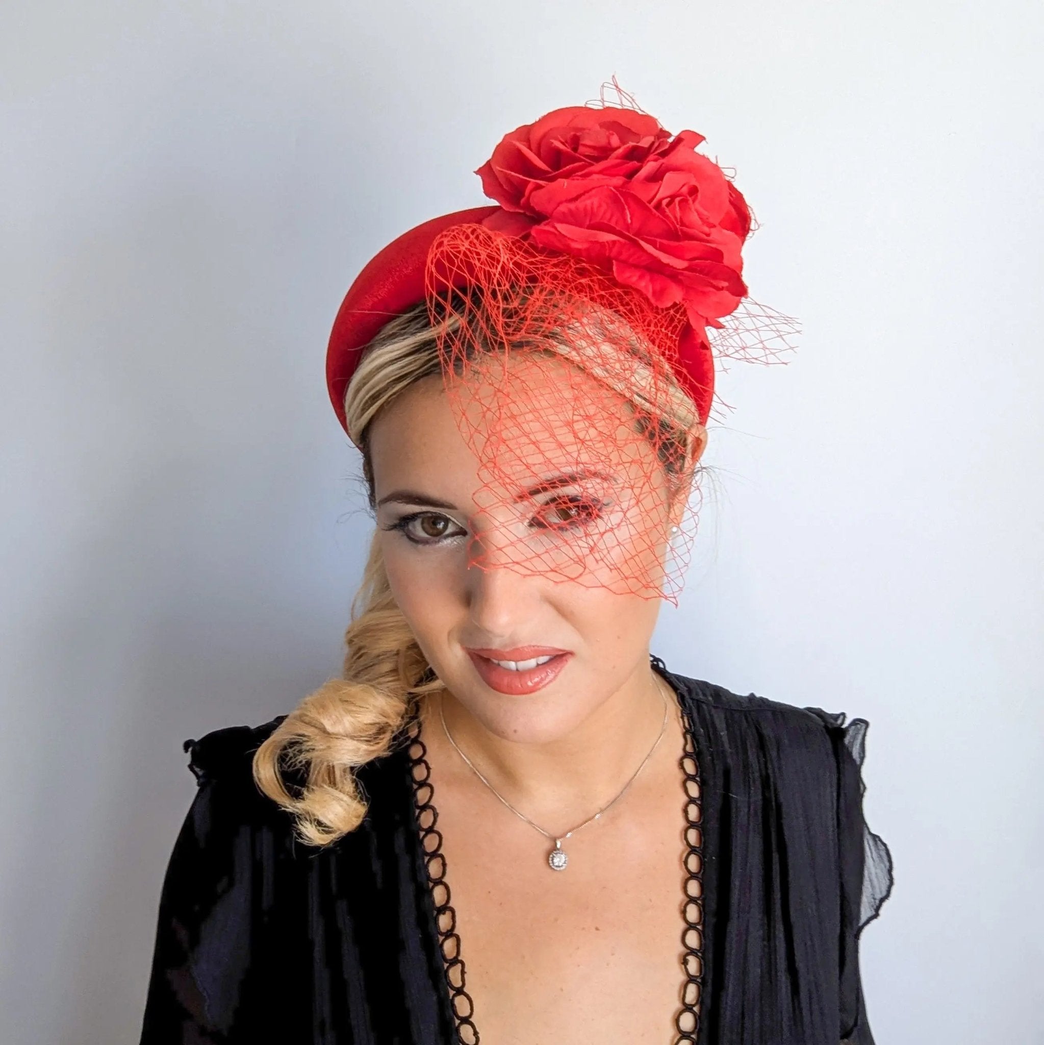 Red flower padded velvet headband fascinator - House of Hats