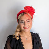 Red flower padded velvet headband fascinator - House of Hats