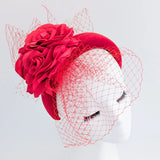 Red flower padded velvet headband fascinator - House of Hats
