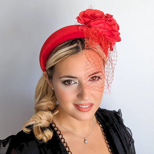 Red flower padded velvet headband fascinator - House of Hats