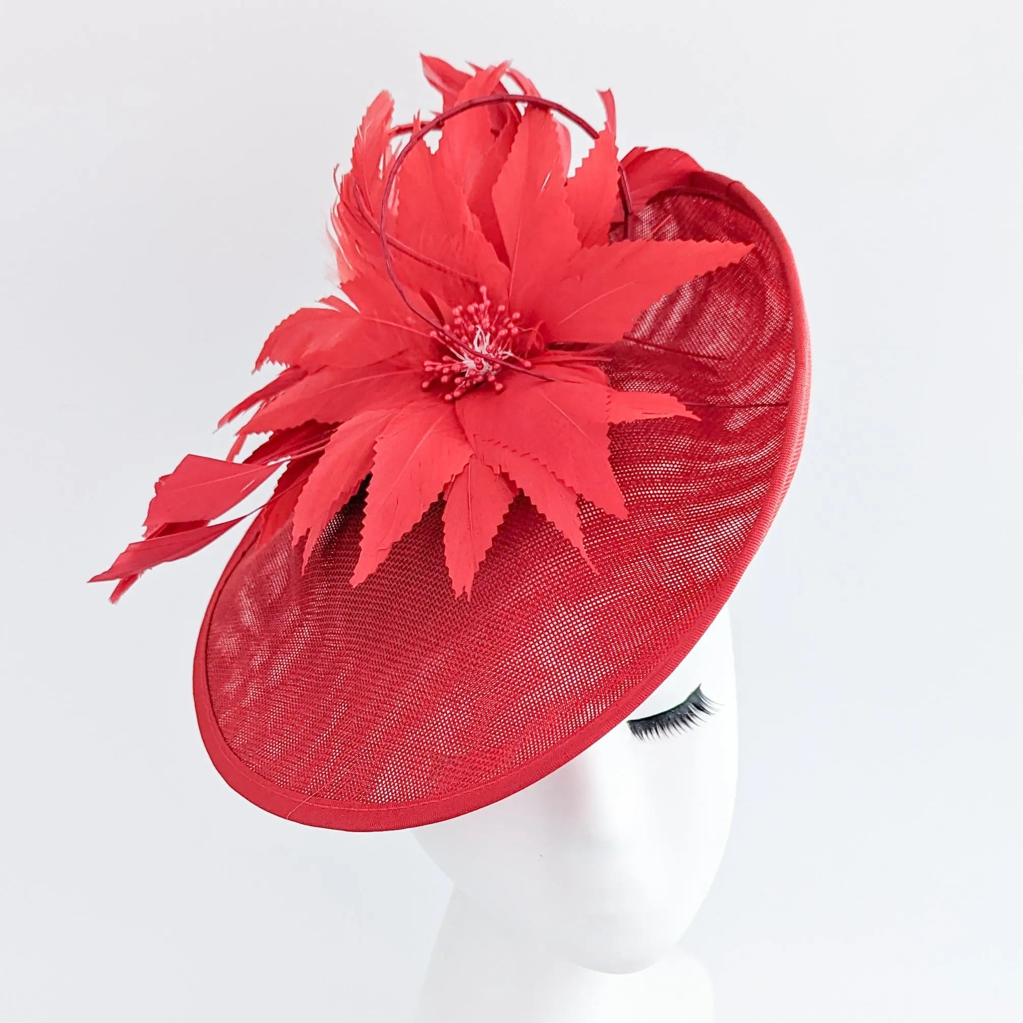 Red large feather saucer disc fascinator hat - House of Hats