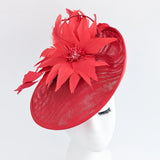 Red large feather saucer disc fascinator hat - House of Hats