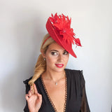 Red large feather saucer disc fascinator hat - House of Hats