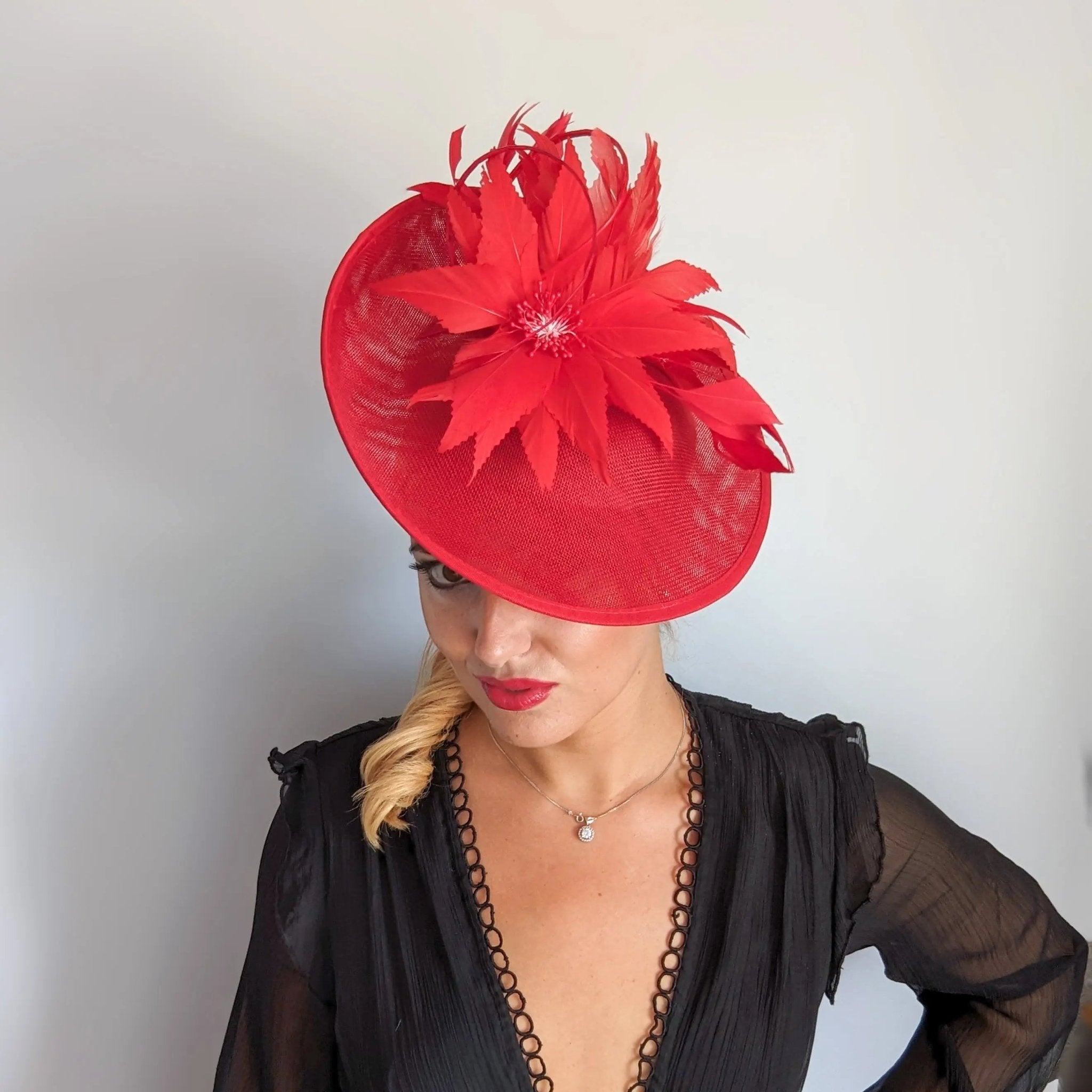 Red large feather saucer disc fascinator hat - House of Hats
