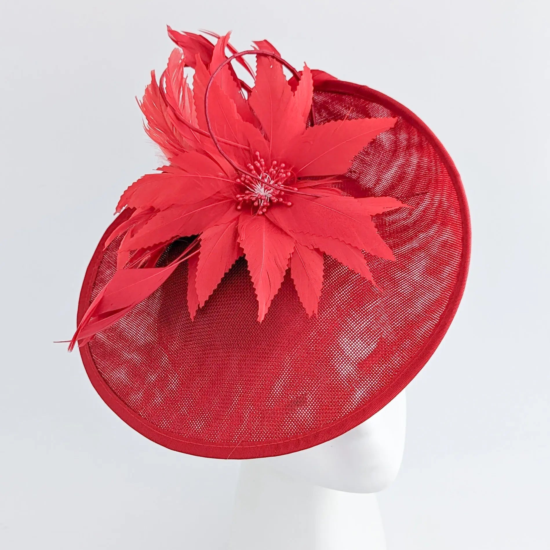 Red large feather saucer disc fascinator hat - House of Hats