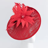 Red large feather saucer disc fascinator hat - House of Hats
