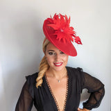 Red large feather saucer disc fascinator hat - House of Hats