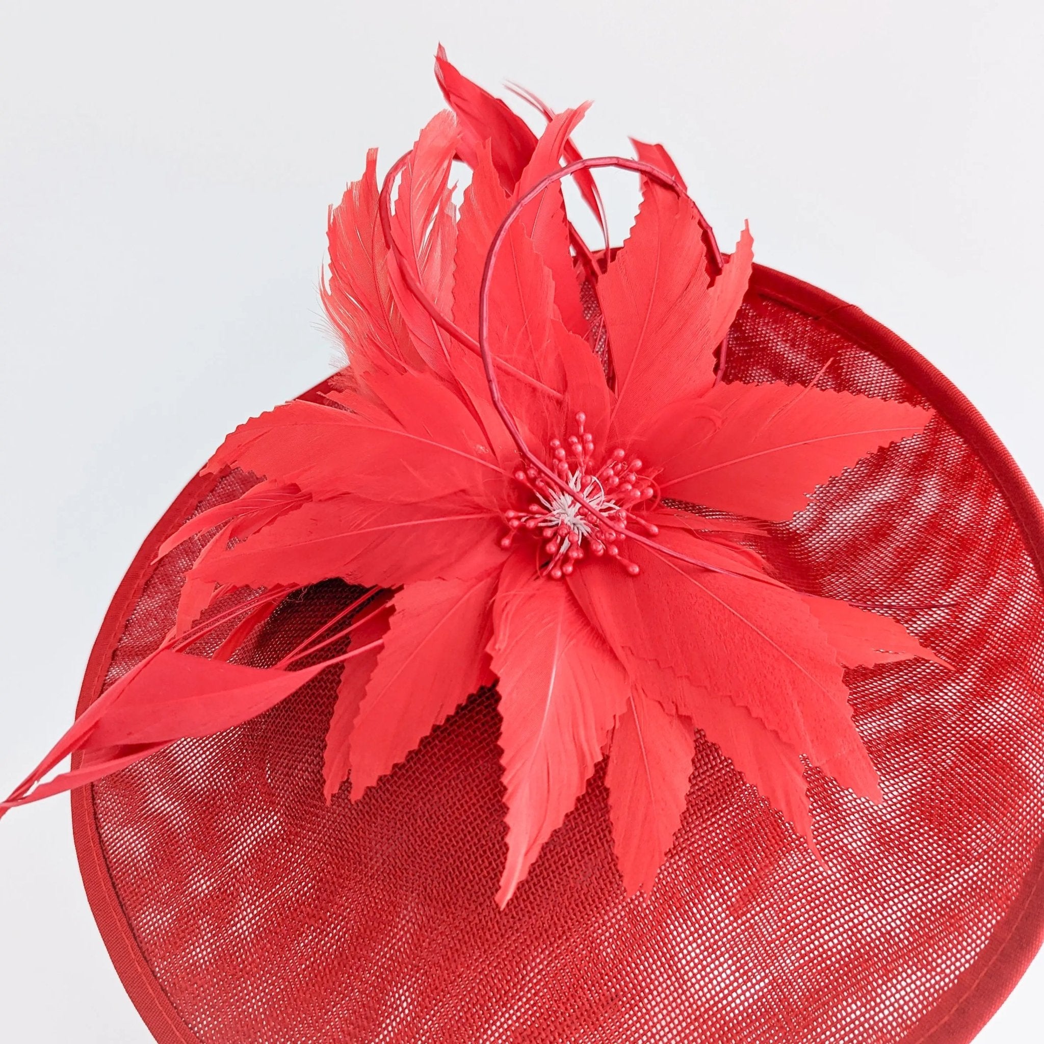 Red large feather saucer disc fascinator hat - House of Hats