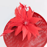 Red large feather saucer disc fascinator hat - House of Hats