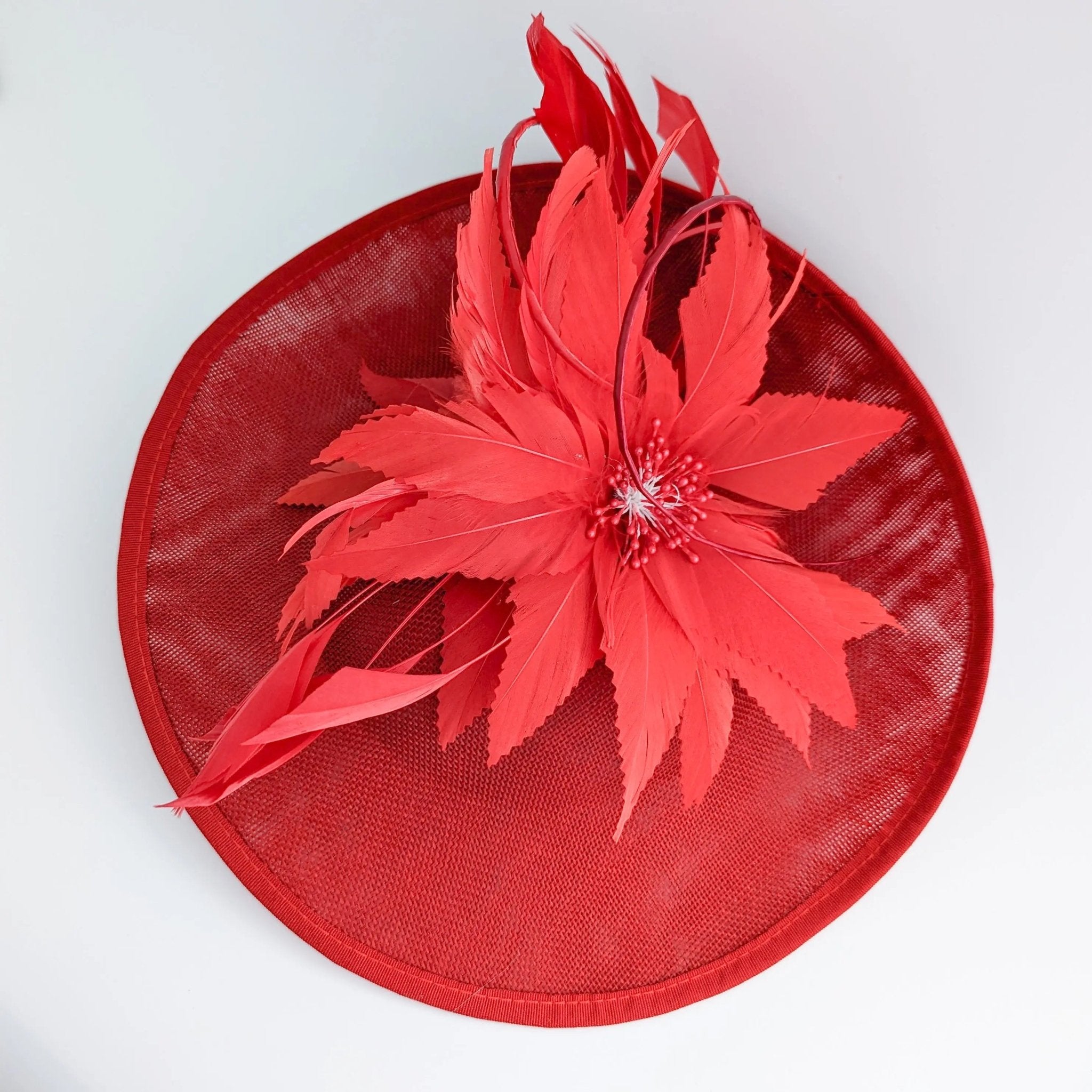 Red large feather saucer disc fascinator hat - House of Hats
