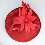 Red large feather saucer disc fascinator hat - House of Hats