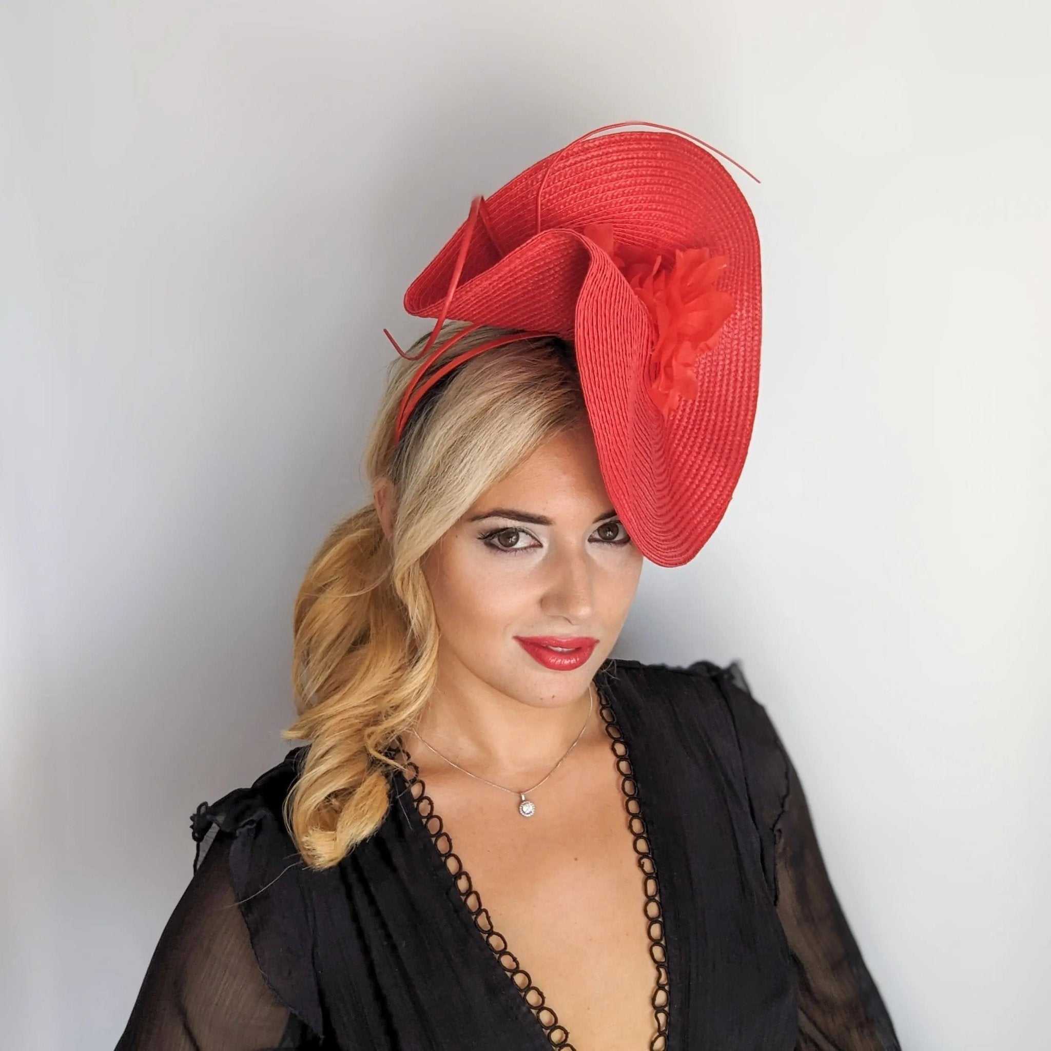 Red large woven straw flower fascinator hat - House of Hats
