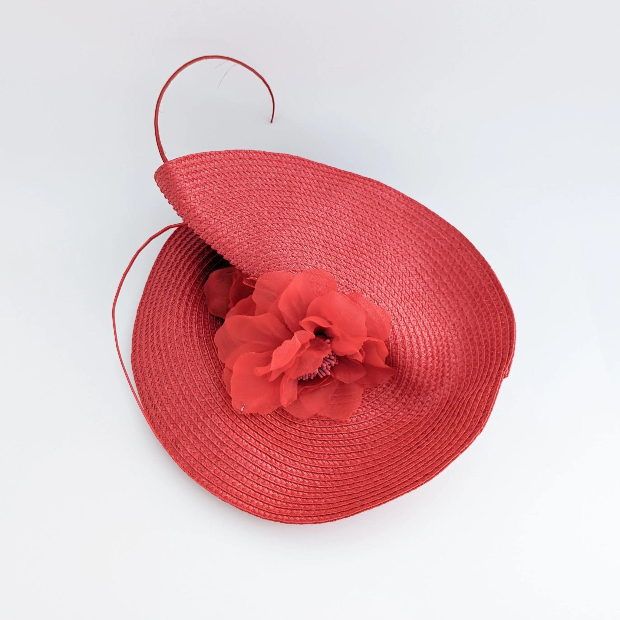Red large woven straw flower fascinator hat - House of Hats