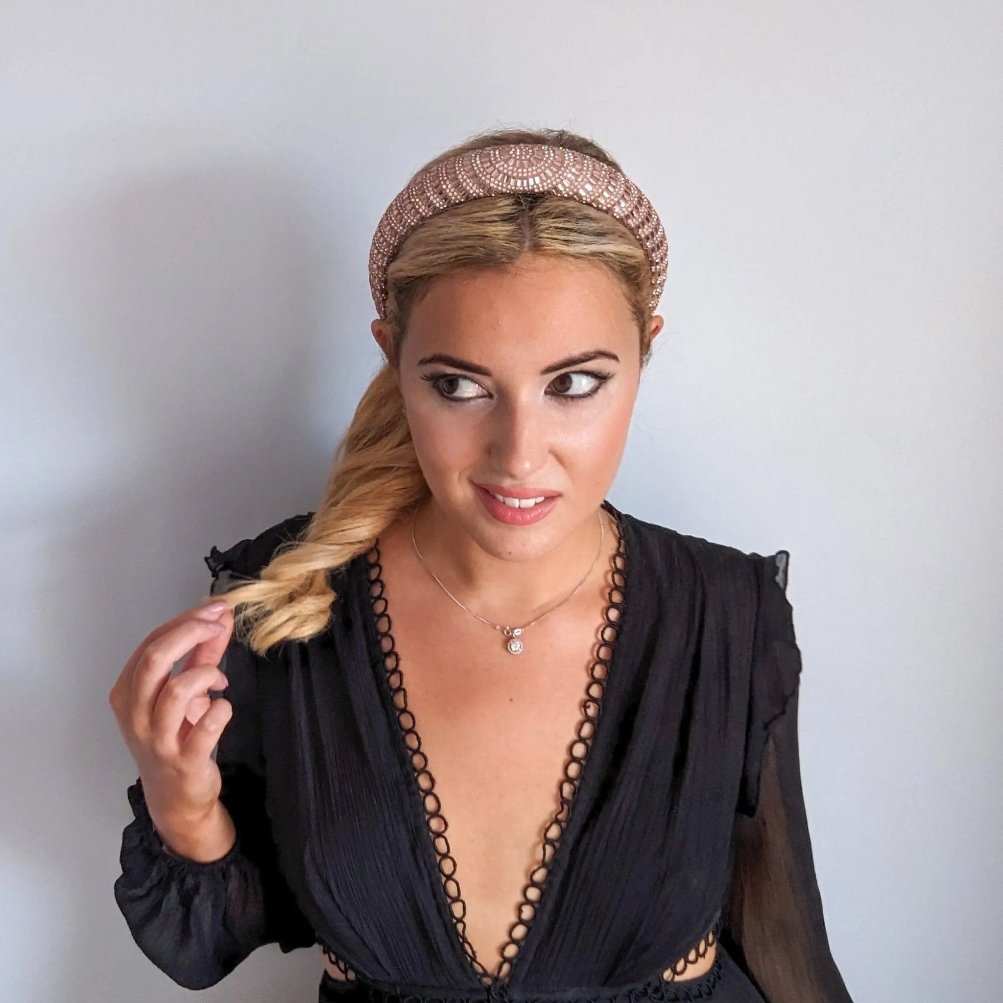 Rose gold crystal beaded padded headband fascinator - House of Hats
