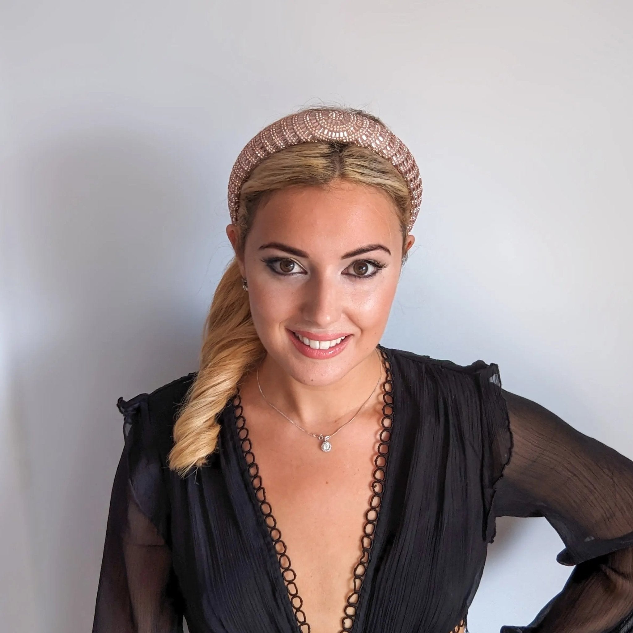 Rose gold crystal beaded padded headband fascinator - House of Hats