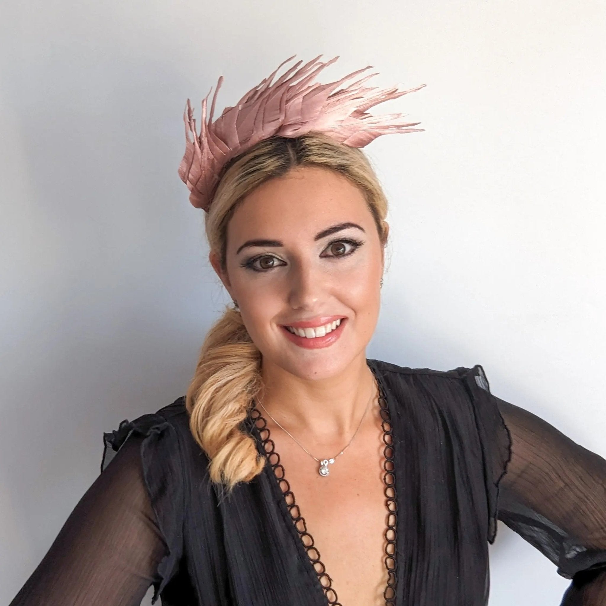 Rose gold metallic shimmer feather headband fascinator - House of Hats