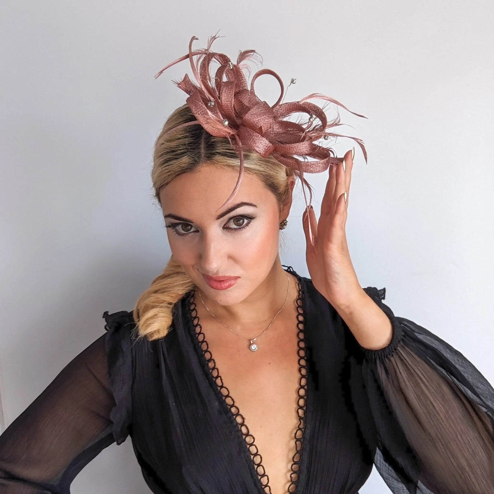 Rose gold shimmer crystal feather fascinator hat - House of Hats