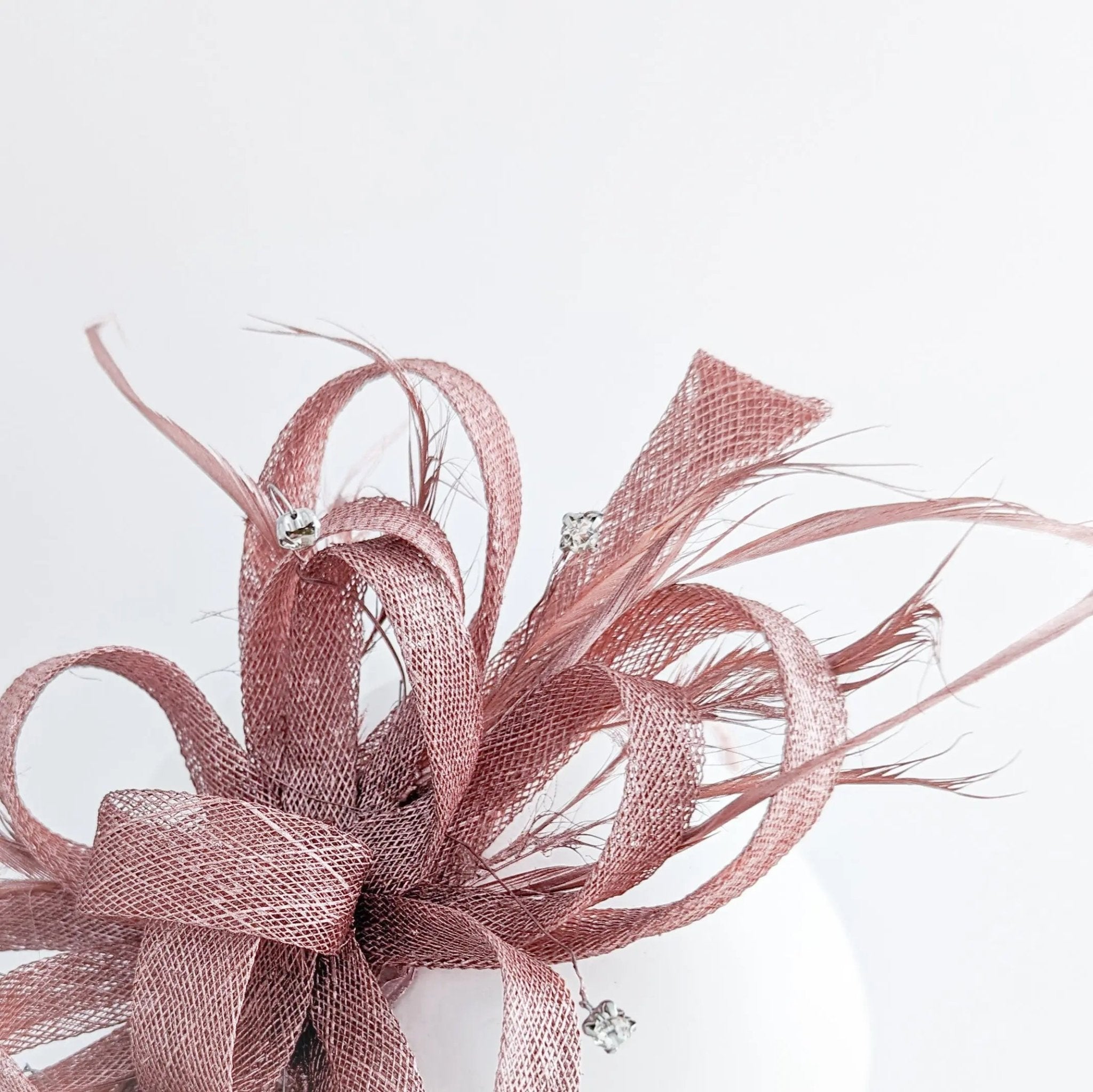Rose gold shimmer crystal feather fascinator hat - House of Hats