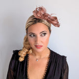 Rose gold shimmer crystal feather fascinator hat - House of Hats