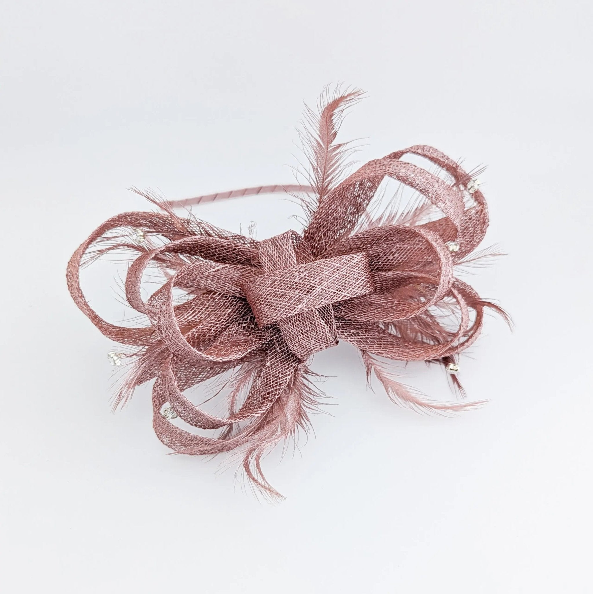 Rose gold shimmer crystal feather fascinator hat - House of Hats