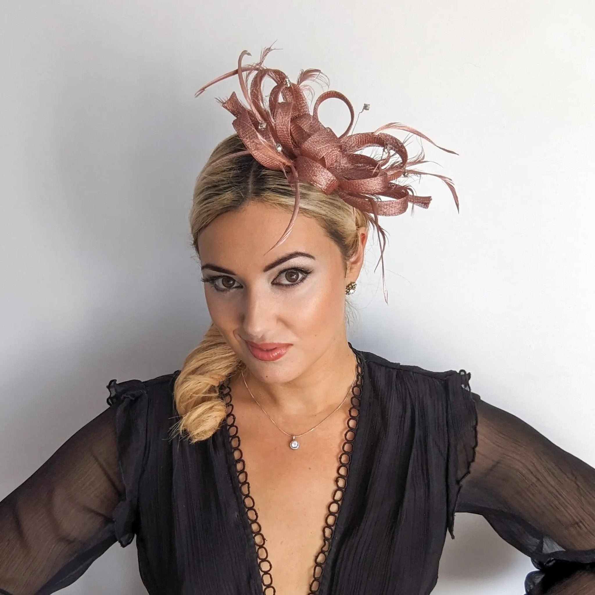 Rose gold shimmer crystal feather fascinator hat - House of Hats