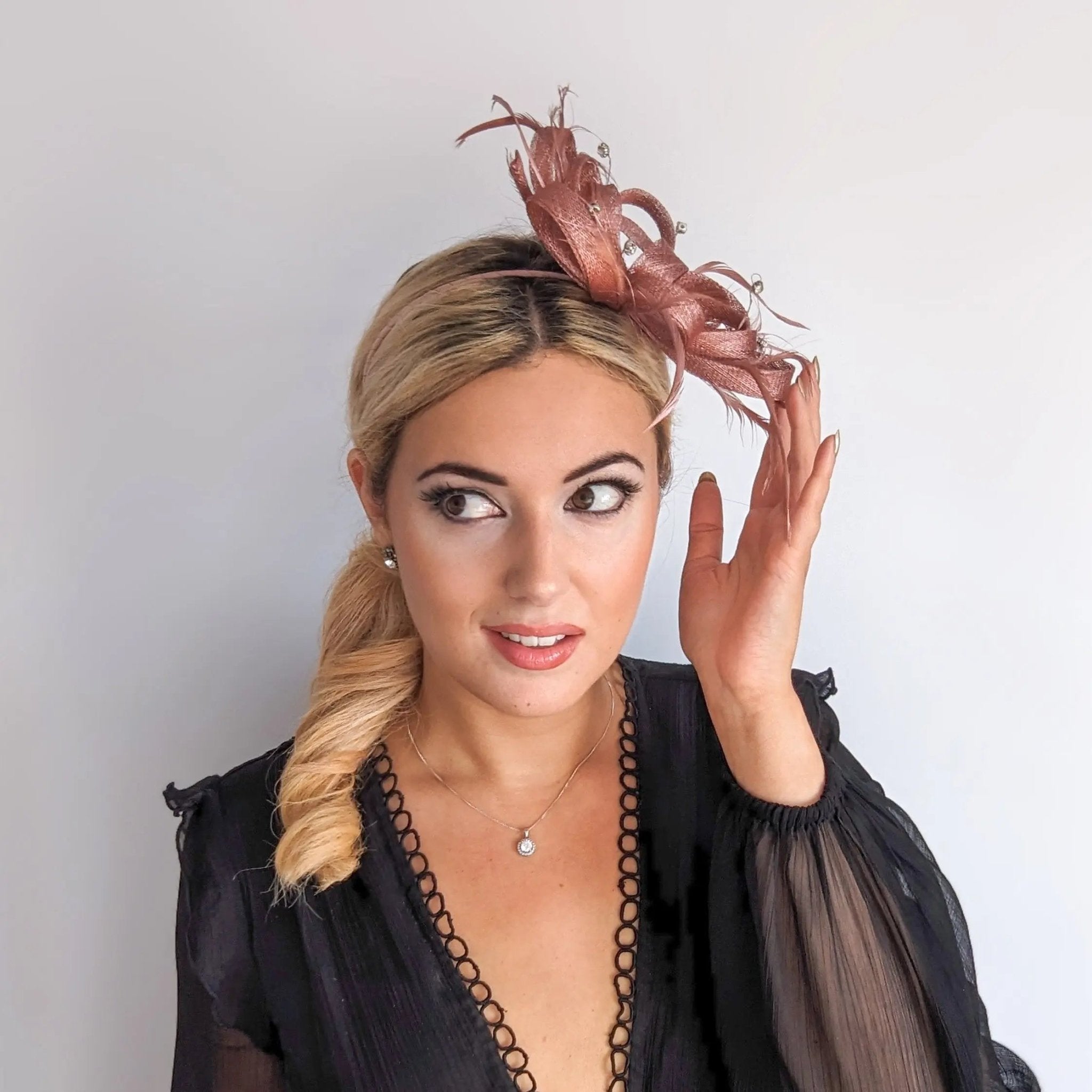 Rose gold shimmer crystal feather fascinator hat - House of Hats