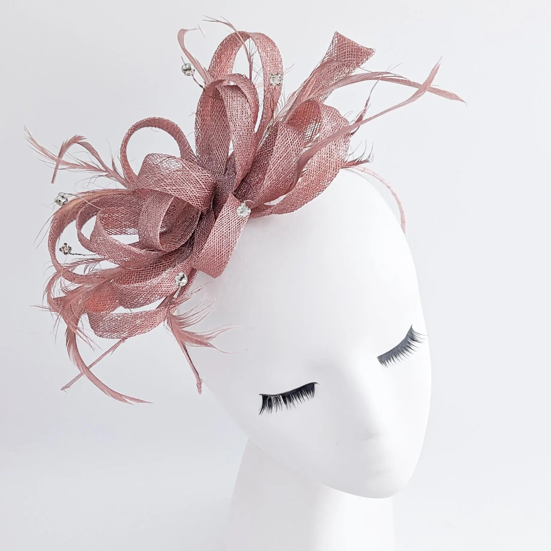 Rose gold shimmer crystal feather fascinator hat - House of Hats