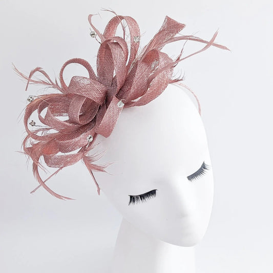 Rose gold shimmer crystal feather fascinator hat - House of Hats