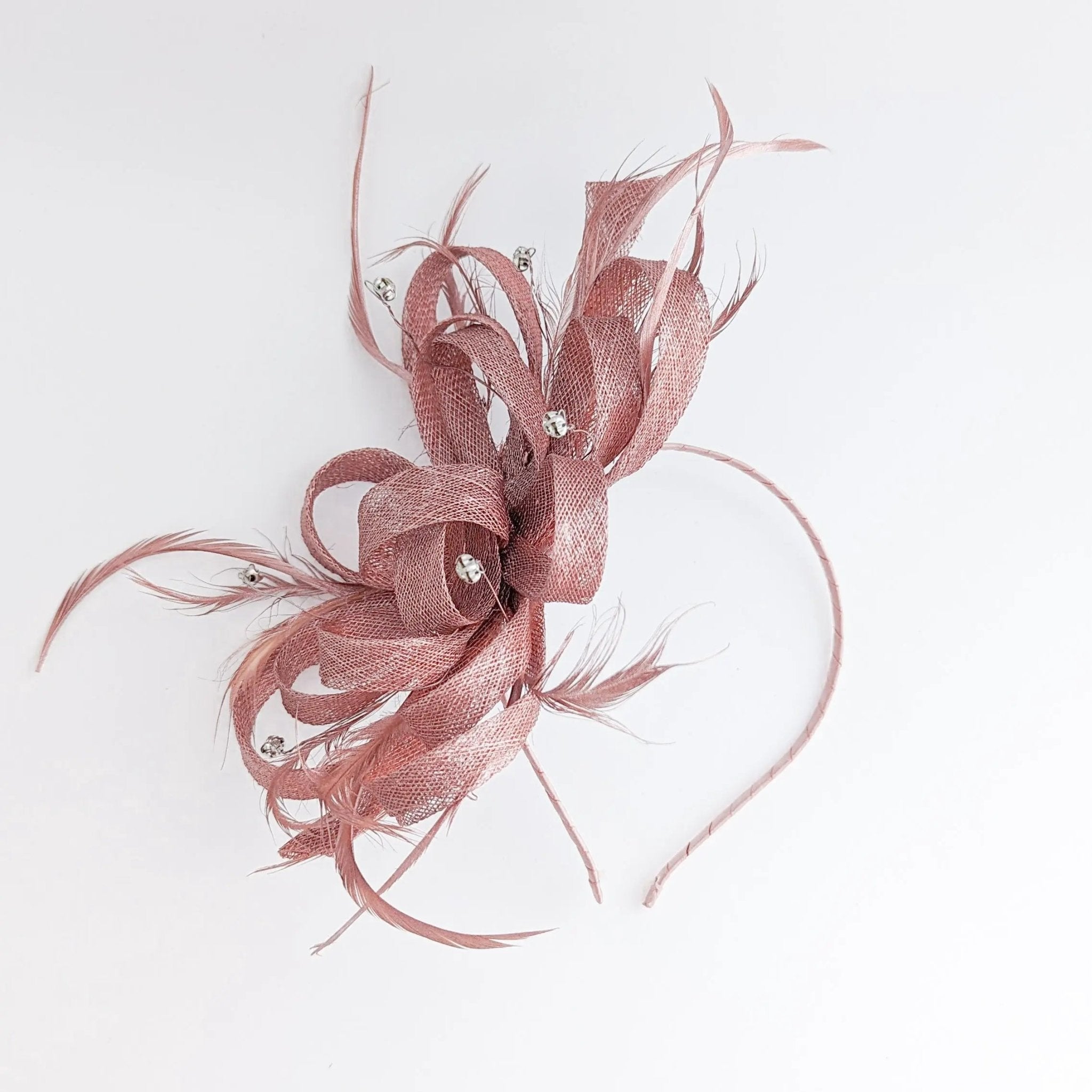 Rose gold shimmer crystal feather fascinator hat - House of Hats