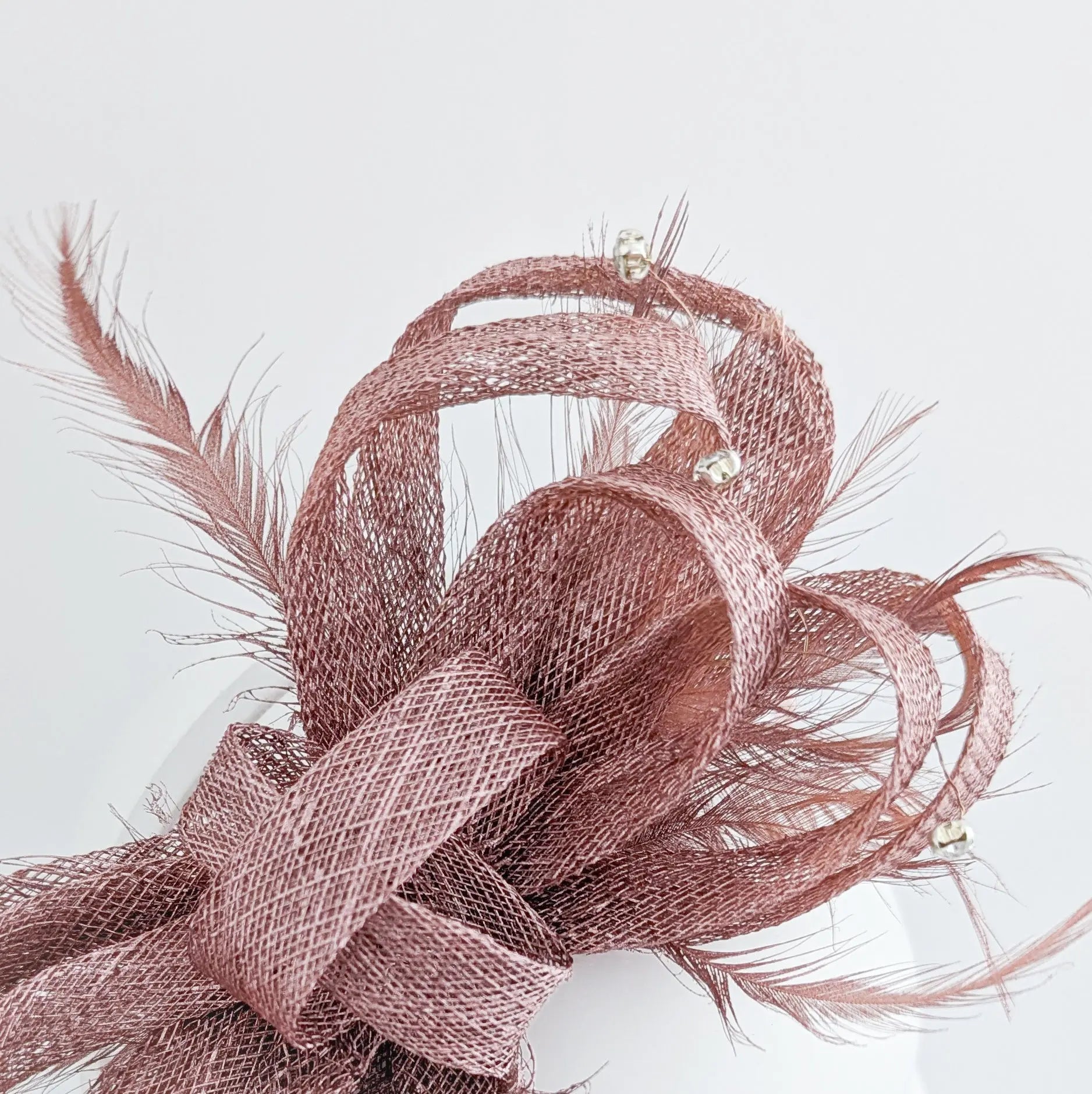 Rose gold shimmer crystal feather fascinator hat - House of Hats