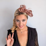 Rose gold shimmer crystal feather fascinator hat - House of Hats