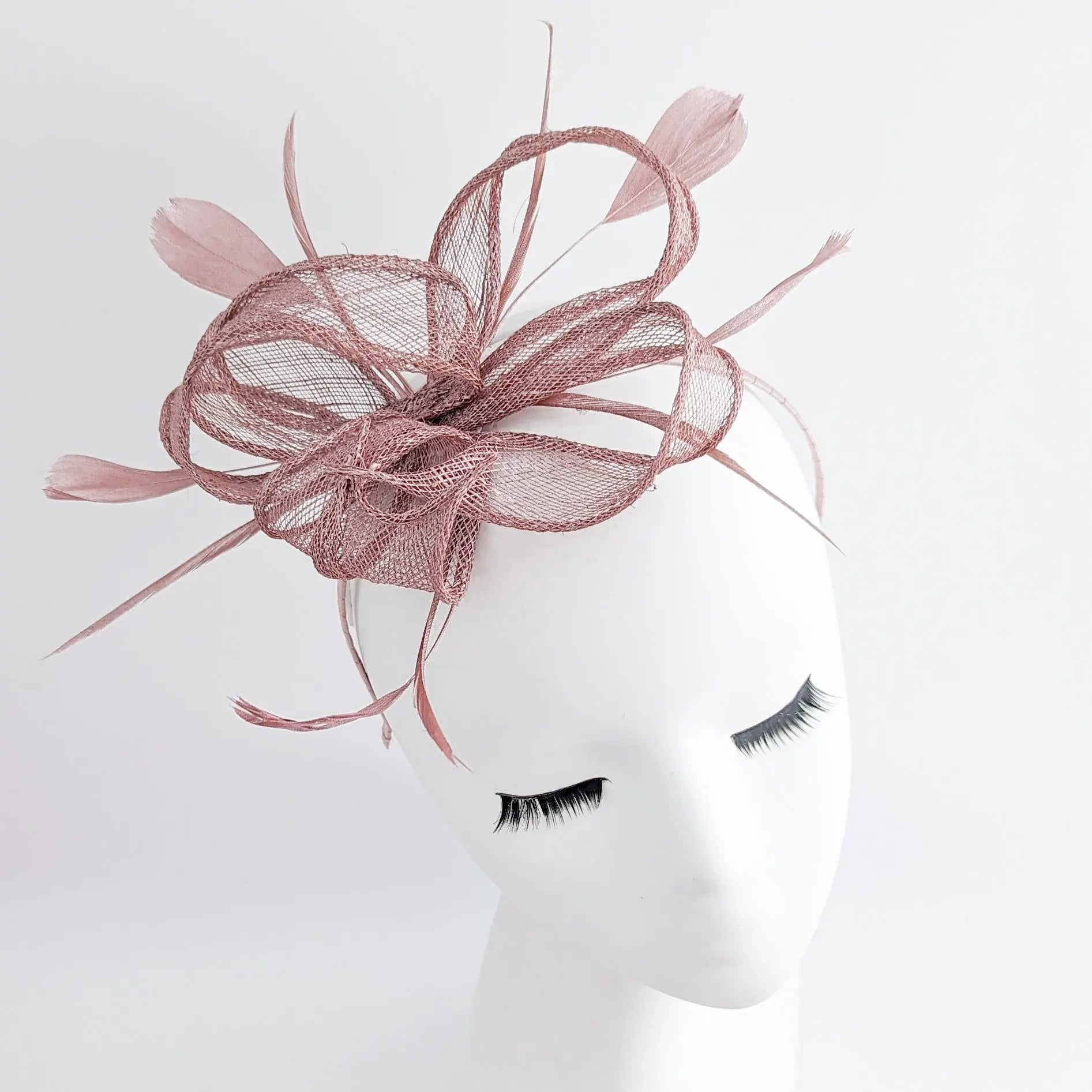 Rose gold shimmer feather fascinator hat - House of Hats