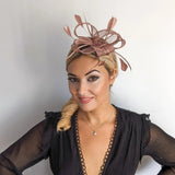 Rose gold shimmer feather fascinator hat - House of Hats
