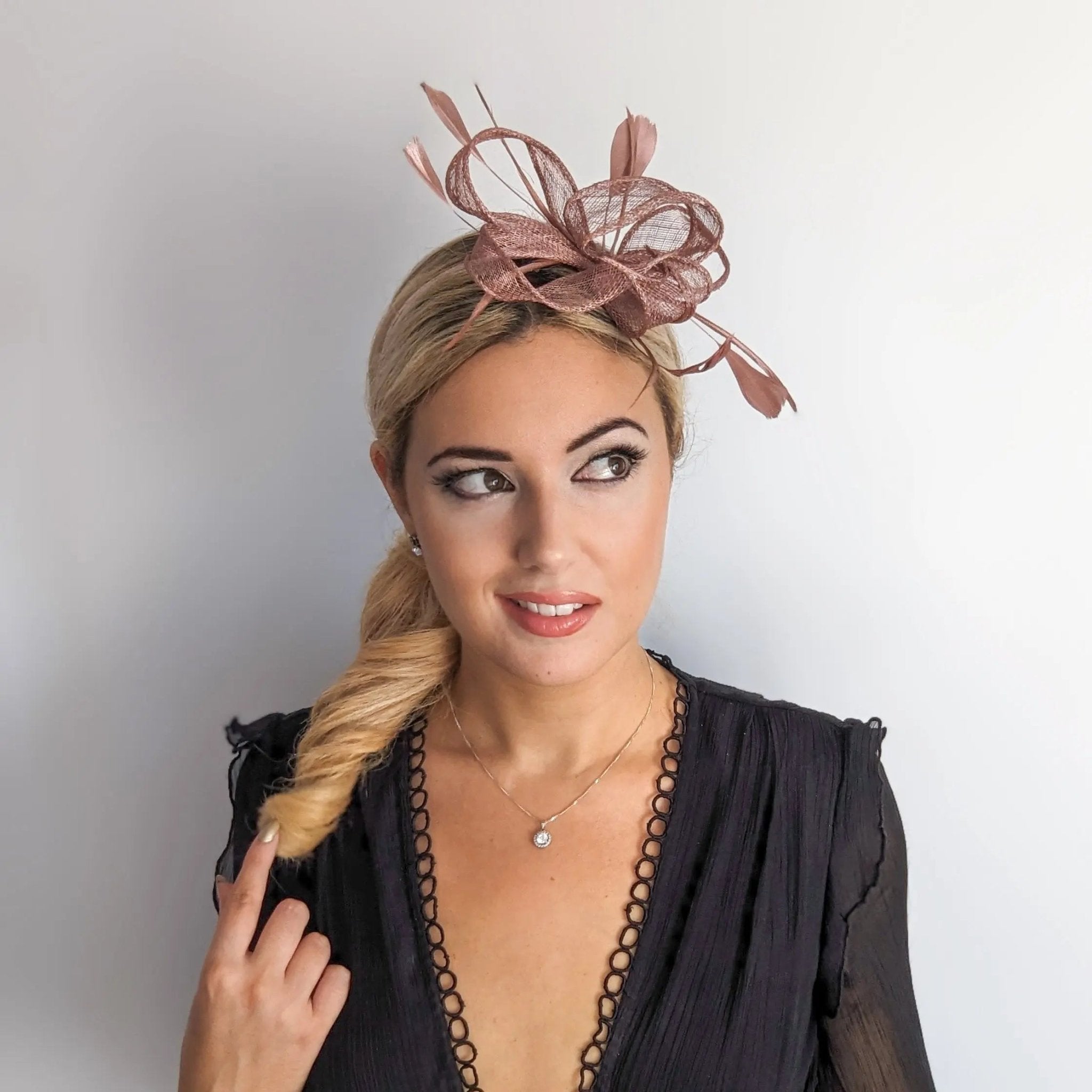 Rose gold shimmer feather fascinator hat - House of Hats