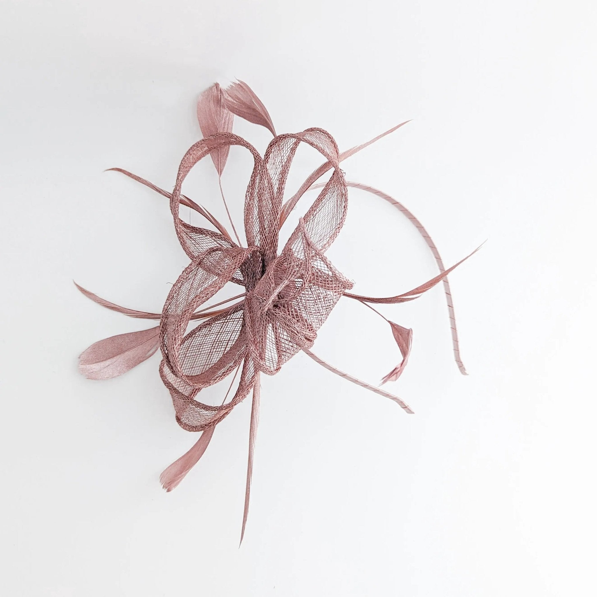 Rose gold shimmer feather fascinator hat - House of Hats