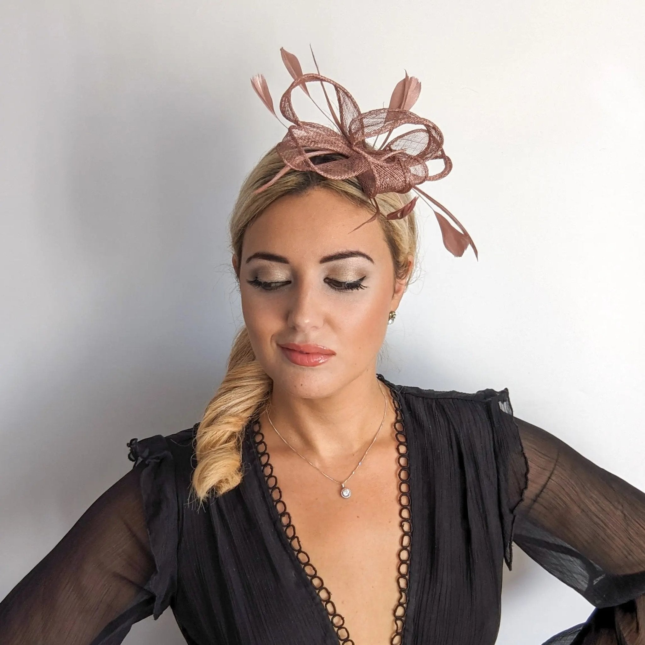 Rose gold shimmer feather fascinator hat - House of Hats