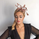 Rose gold shimmer feather fascinator hat - House of Hats