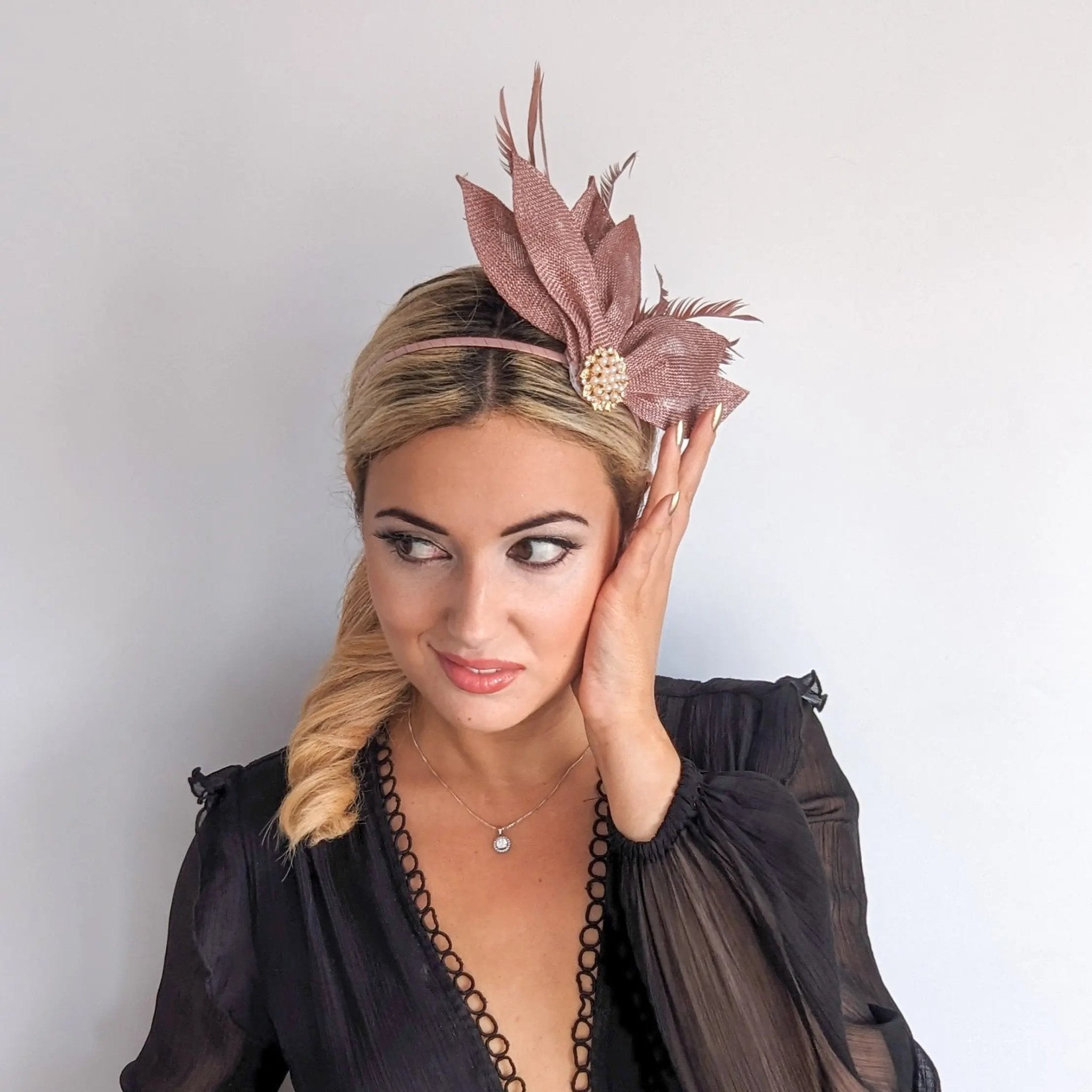 Rose gold shimmer feather petal fan fascinator hat - House of Hats