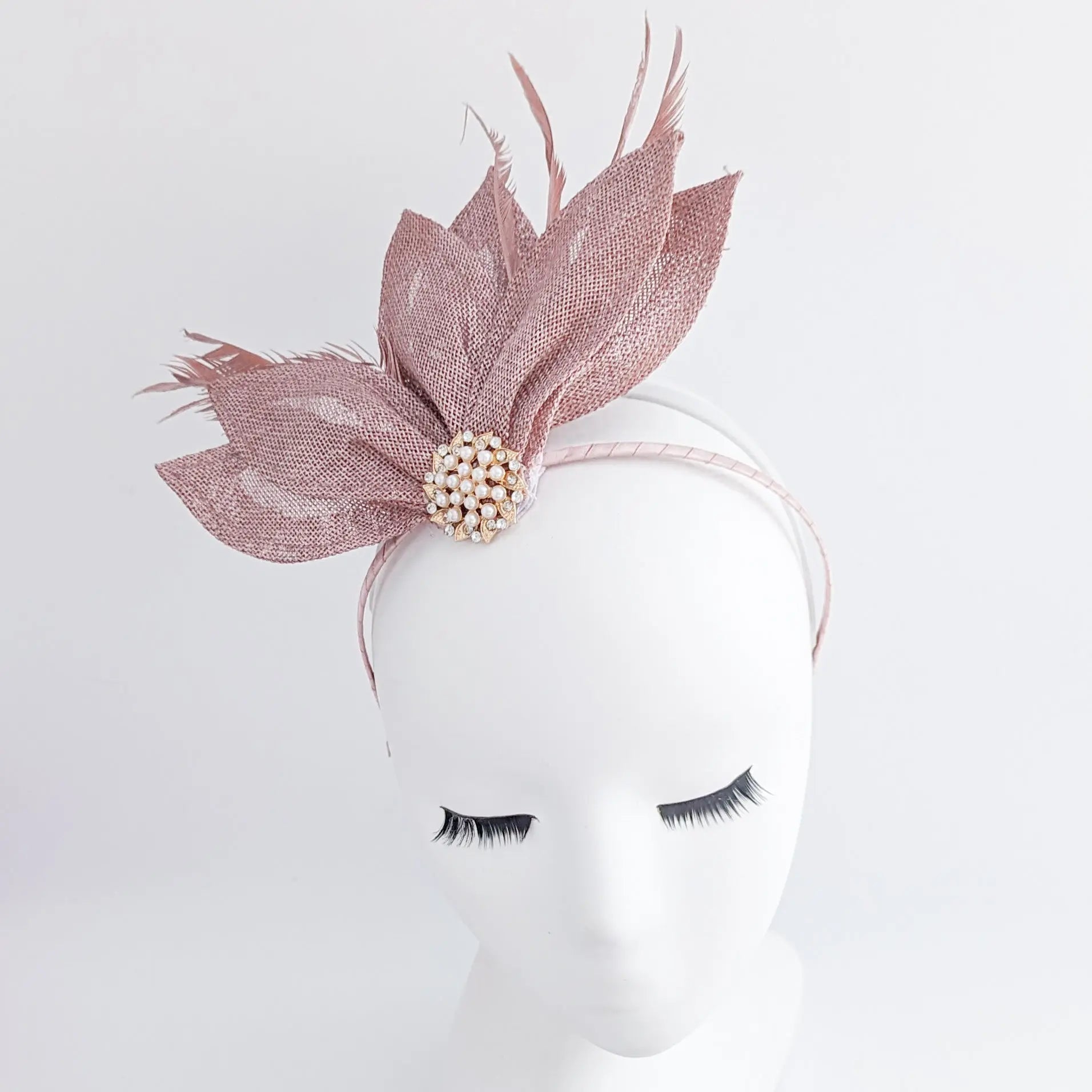 Rose gold shimmer feather petal fan fascinator hat - House of Hats