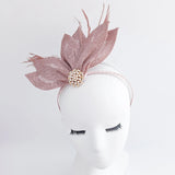 Rose gold shimmer feather petal fan fascinator hat - House of Hats