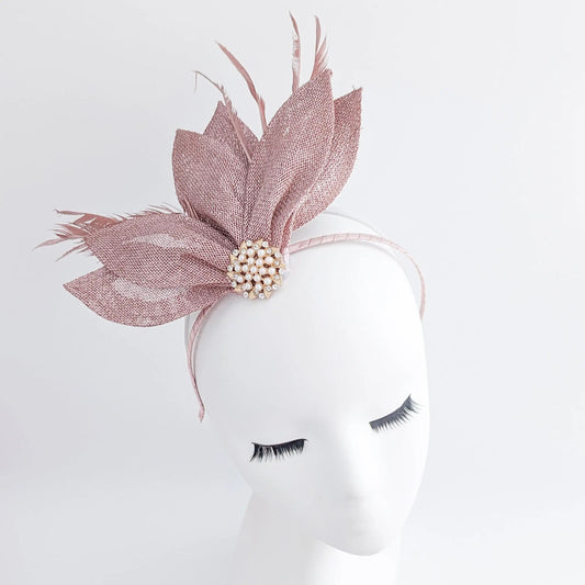 Rose gold shimmer feather petal fan fascinator hat - House of Hats